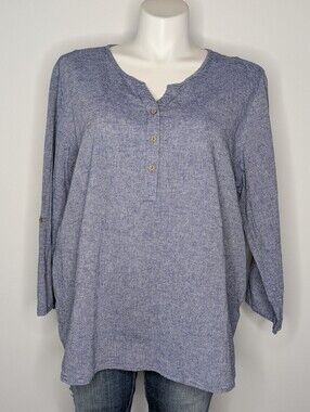 Hester & Orchard Blue Long Sleeve Linen Cotton Oversized Lagenlook Top 1X